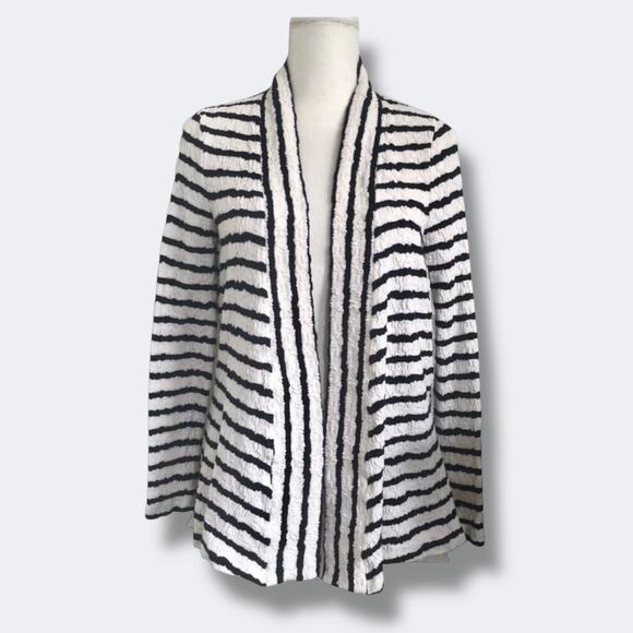 Anthropologie Cardigan Small Black White Stripe Lace Hem Textured Open Front - Picture 1 of 10